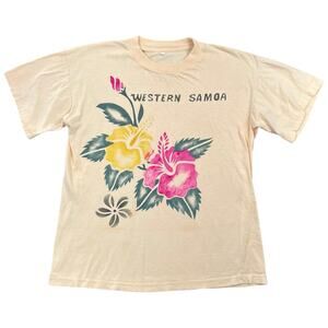 Vintage 90s Western Samoa Hibiscus Tourist Tee Cream Single Stitch Graphic - L